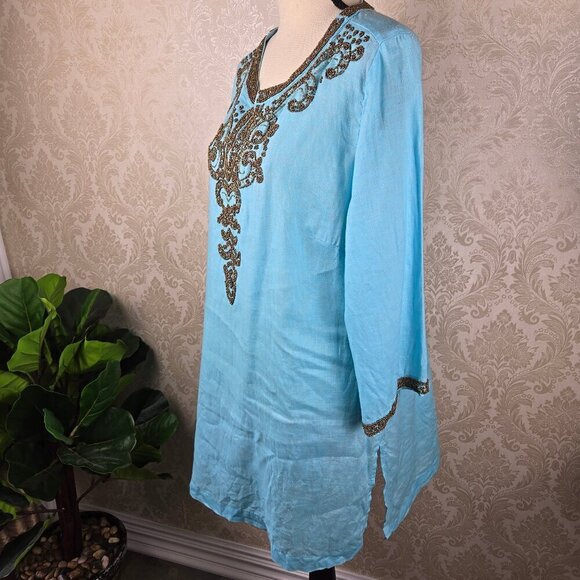 Chico's Size 2 (US Medium) Light Blue Tunic Gold Beaded 100% Linen 3/4 Sleeves - Picture 7 of 13